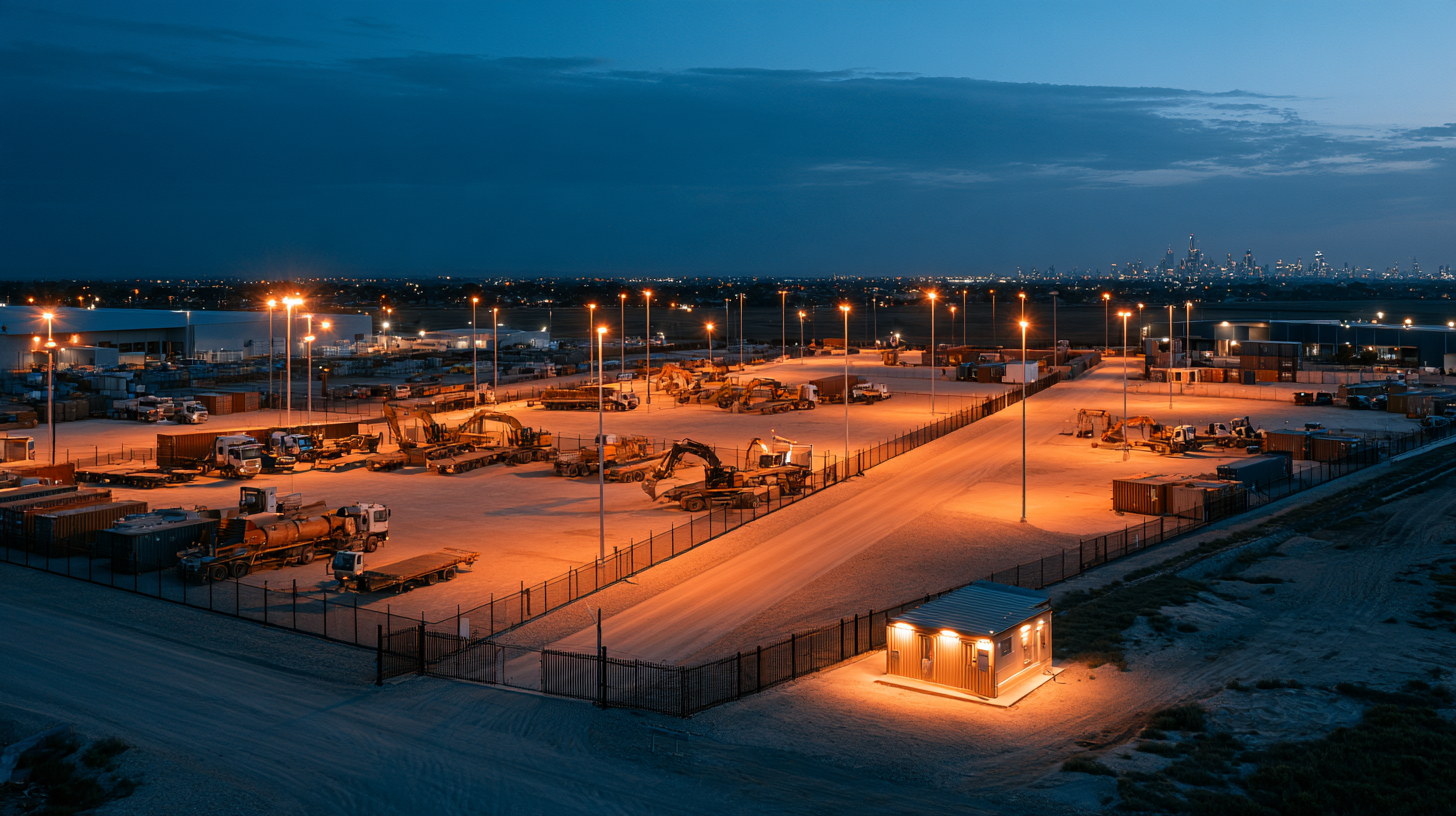Aerial view at dusk of a large industrial yard with truck and container storage